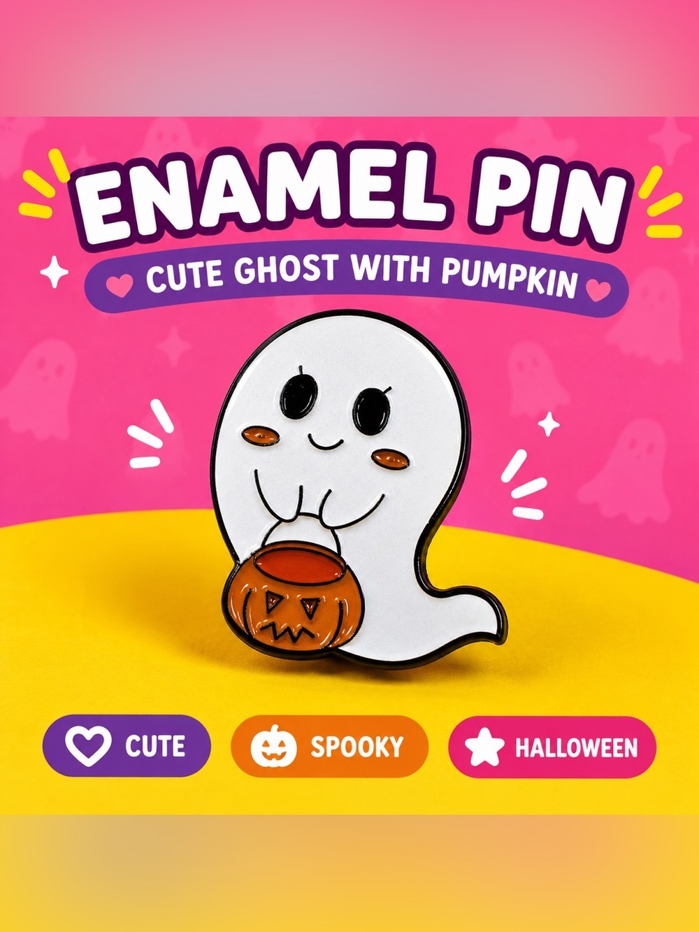 Cute Ghost Enamel Pin with Pumpkin - White & Orange